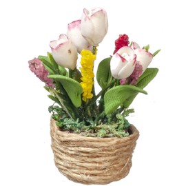 Melody Jane Dollhouse Tulips in Rope Basket Miniature Flowers in Pot House Garden Accessories