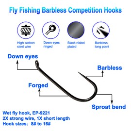 Eupheng 100pcs Plus Best Barbless Competition Fly Fishing Hook Collection, Dry Nymph Strimp&Pupa, Pupa jig Fly Hooks High Carbon Competition Hook (Wet Fly Hook EP-9221, 8#)