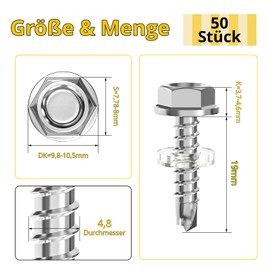Drilling Screws Hex Head Hex Self Tapping Screw Trapezoidal Sheet Metal Screws Self Tapping Screws with Sealing Washer and Hex Socket Key 4.8 x 19mm Pack of 50