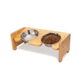 Toozey Elevated Cat Bowls -Double 16 oz Bowls, Sturdy Bamboo15° Tilted Adjustable Raised Cat Bowl Stand with 2 Stainless Steel Bowls and Non-Slip Feet for Cats Feeder