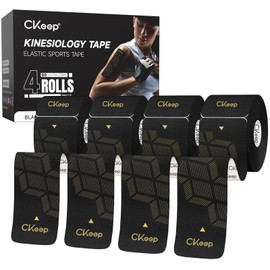 CKeep 4 Rolls Kinesiology Tape, Original Cotton Elastic Athletic Tape, 20 CT 10" Precut Strips Each, Waterproof Tape for Muscle Strain Relief and Joint Support, Black