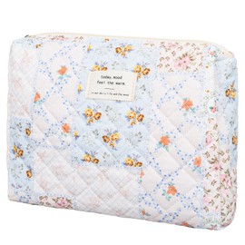 honitty Quilted Makeup Bag,Medium Travel Floral Cosmetic Bag Cute Pouch,Cotton Makeup Brushes Storage Bag for Women