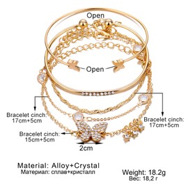 Caiyao Layered Stacking Link Chain Butterfly Bracelet Bangle Set Bohemian Paperclip Rhinestone Bead for Women 14K Gold Plated Animal Jewelry-D butterfly-2
