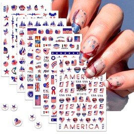 8 Sheets 4th of July Nail Art Stickers 3D Self-Adhesive Patriotic Nail Stickers American Flag Flame Butterfly Heart Patriotic Nail Art Design Stickers Independence Day Nail Decals for Women Manicure
