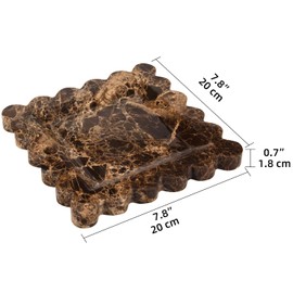 Square Marble Decorative Tray with Scalloped Edge,Luxury Natural Stone Bathroom Vanity Tray, Dresser Top Perfume Coffee Home Kitchen Sink Tray, Key Trinket Ring Tray (Dark Brown, 8 * 8)