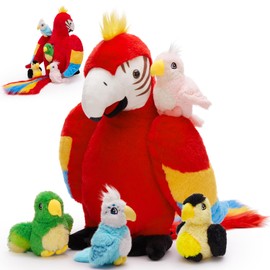 MorisMos 45 cm Sitting Parrot Cuddly Toy XXL with 4 Babies in the Belly, Red Macaw Plush Bird Soft Toy Gift for Children