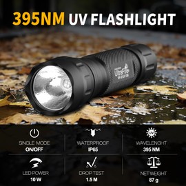 UltraFire UV Torch 395 nm LED Black Light, 10 W Single Mode Powerful UV Light for Curing Resin, UV Glue, Animal Urine Stains, Leak Detector, Mineral Search