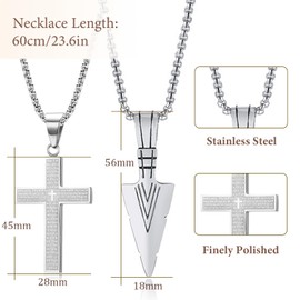 ZENGSING 2 pcs Mens Necklaces Set Men's Cross Necklace Arrowhead Pendant Necklaces Stainless Steel Cross Necklace 60cm Silver/Black Jewellery Birthday Thanksgiving Day Gifts for Men Teen (Silver)