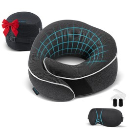 Proglobe Travel Neck Pillow 100% Memory Foam – Airplane & Car Travel Essentials Kit with 3D Eye Mask, Earplugs & Mesh Bag – Sleeping Support Pillow for Adults (Dark Grey)