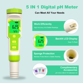 YIYEGO Digital pH Meter, Waterproof 5-in-1 Salt EC TDS Temp pH Tester, EC PPM TDS Meter for Pool, Professional Hydroponics pH Value Meter for Indoor Garden, Home Brewing, Aquarium