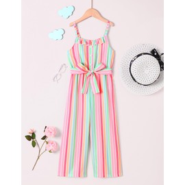 Crazyme Girls Jumpsuit Summer Clothes Striped Sleeveless Jumpsuits Suspender Wide Leg Pants with Belt Girl Outfits