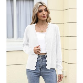 LILBETTER Women's 2025 Basic Long Sleeve Cardigan Sweaters Lightweight Button Down V-Neck Shrug Sweater Tops(White Large)