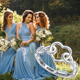 Yearace 925 Sterling Silver Engraved Always Sister Forever Friend Heart Infinity Love Knot Ring for Sister Women Siblings Birthday Gift, Size 7