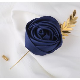 Faux Silk Rose Men Suit Boutonniere, Artificial Flower & Golden Leave Brooch Lapel Pin for Groom Groomsman Wedding Prom Dance Homecoming Party(Navy Blue, 4 Pack)