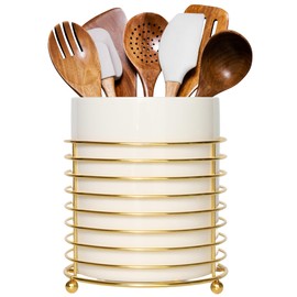 SIEBOLD Utensil Holder for Kitchen Counter Large Cooking Utensil Holder,Gold Ring Metal Frame and White Ceramics