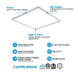 2x2 FT Edge-Lit Frame LED Panel Lights,5CCT Selectable 3000K-6500K, 2600/3900/5200LM,20W/30W/40W Switch, Grid Drop Ceiling Lights,0-10V Dimmable,Damp Rated,100-277V,ETL Listed (2 X 2 EDGE - 6 PACK)