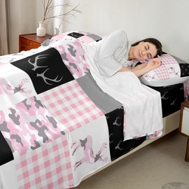 Manfei Pink Camouflage Sheet Set Full Size, Wild Animal Deer Antlers Bed Sheet Set 4pcs with Deep Pocket Fitted Sheet + Flat Sheet + 2 Pillowcases, Pink Black White Grid Plaid Camo Print Bedding Set