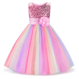 Uhnice Little Girl's Sequin Sleeveless Mesh Rainbow Dress for Wedding Party (7 Years, Pink)