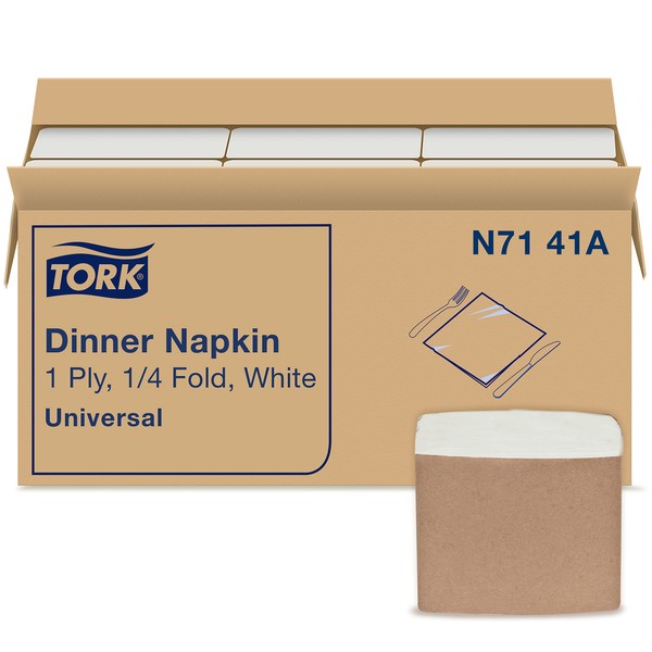 Tork White Dinner Napkin, 1/4 Fold 1-ply, 17" x 16.9", 12 x 334 napkins, N7141A