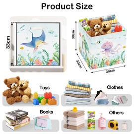 HUUMONSS 11.8" Sea Animals Storage Cube Organizer Shark Turtle Jellyfish Clothes Storage Basket Bin for Closet Shelf Stingray Seaweed Nursery Kid Room Book Toy Chest, 3Pcs