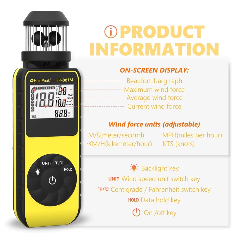 H HOLDPEAK Anemometer Wind Gauge, Digital Wind Speed Meter 881M