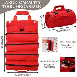 Tool Organizer Bag, Foldable Roll Up Heavy Duty Bag Organizer, with 2 Detachable Pouches, Mechanic Carrying Toolbag, Gifts for Dad Men Birthday Father Day (Red)