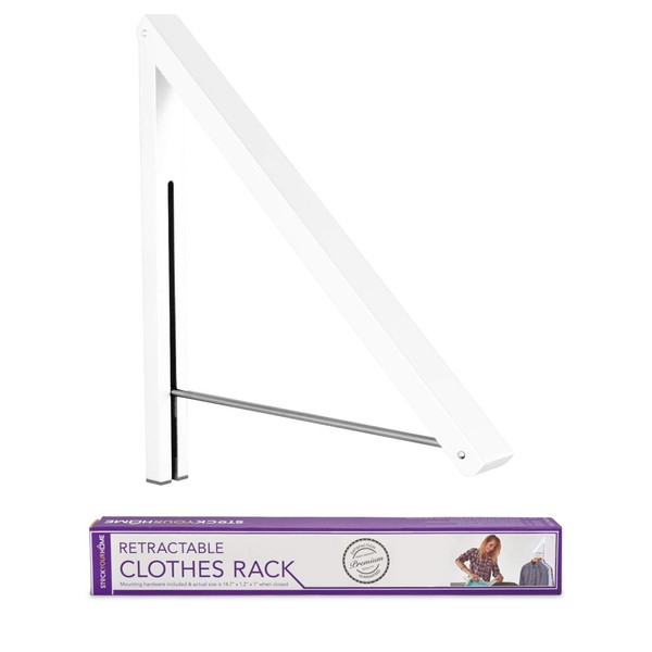 Stock Your Home Retractable Clothes Rack, Wall Mounted Laundry Drying Racks, Folding Wall Mount Clothing Hanger for Guest Room, Collapsible Hangers, Hanging Space-Saver - White (1 Pack)