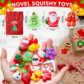 HOUT 24 PCS Christmas Mochi Squishy Toys - Mini Squishy Kawaii Fidget Party Toy Pack with 24 Stickers Christmas Drawstring Bags - Soft Squeezable Relieve Stress Party Bag Fillers for Girls Boys