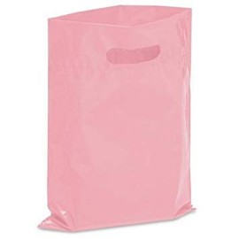 NEW - Extra Thick 1.5mil - 50 Glossy Merchandise Bags, Retail Shopping Bags, 9" X 12" with Die Cut Reinforced 3" Fold Over Handle, No Gusset (Pink)
