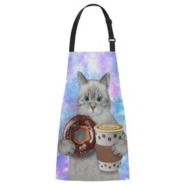 Funny Cat Colorful Galaxy Apron - The cat is holding a cup of black coffee and a doughnut,Adjustable Neck Bib Aprons for Men Women,Suitable for Garden Kitchen Restaurant Cooking Waitress Chef Barista