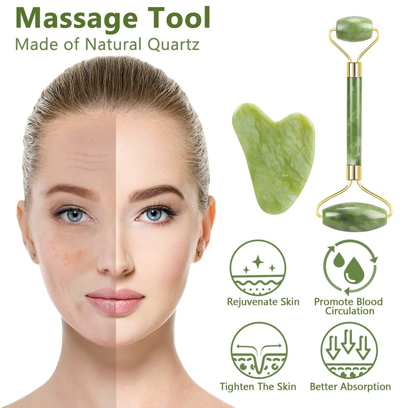 Jade Roller Set for Face, Gua Sha Stone Massage Set