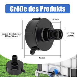 Chengshi Water Tank Accessories DN50 2 Inch S60X6 60 mm Coarse Thread to Reduce IBC Adapter 1/2 Inch BSP Male Thread IBC Connector for Rainwater Tank Plastic Black, 1000 Litres
