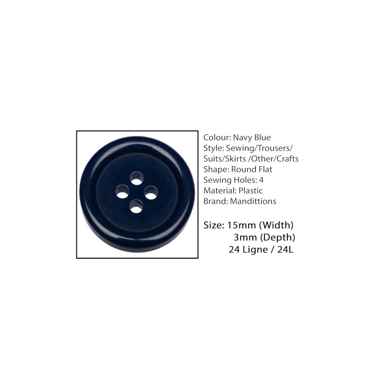Pack of 24 Dark Blue Sew on 15mm Round Buttons