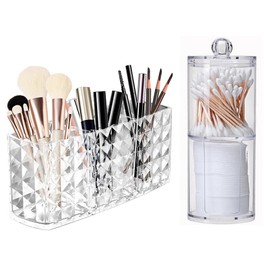 Makeup Brush Holde, 1 PCS 3 Slots Clear Acrylic Makeup Brush Holder, with 1 PCS Lids Cotton Pads Holder Cotton Swab Organiser for Eyeliners, Lipstick, Mascara and more Make-Up Storage
