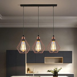 LEDSone 3 Head Diamond Black Vintage Industrial Ceiling Hanging Light Shade Loft Style Metal Ceiling Pendant Lamp for Kitchen Island, Living Room, Dining Room E27 UK Holder Kit, Rose Gold, 2-Pack