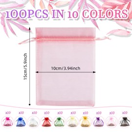 Terilamy 100 Pcs Colorful Transparent Organza Gift Bags, 10 x 15CM Jewelry Bags with Drawstring, Mesh Wedding Party Favor Bags - Clear Mesh Pouches for Wedding, Christmas, Birthday, Anniversary
