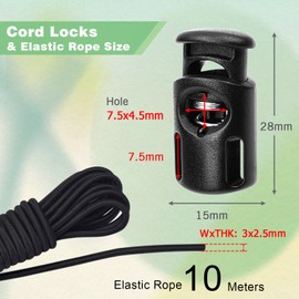 10 Meter 3mm(1/8Inch) Elastic Bungee Shock Cord Stretch String, 25 pcs Plastic Cord Locks Spring Toggle Stopper for Drawstring Backpack Shoelaces