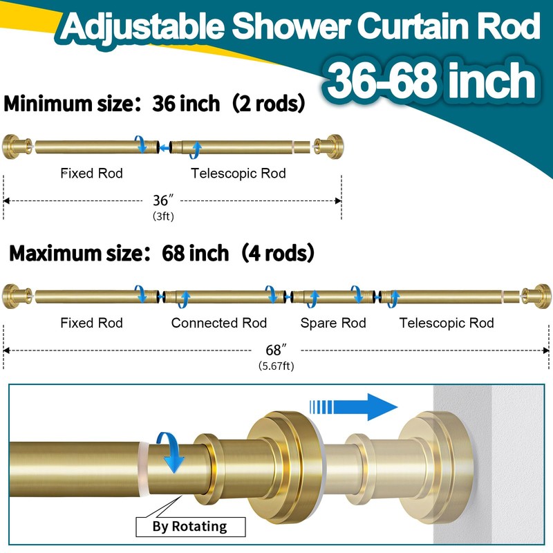 ZYRW Gold Shower Curtain Rod 36-68 Inch(3-5.6ft) Never Rust No