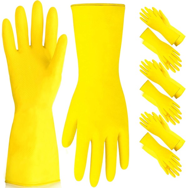 [6 Pairs] Dishwashing Gloves - 11.5 Inch Medium Rubber Gloves, Yellow Flock Lined Heavy Duty Kitchen Gloves, Long Dish Gloves, Household Cleaning, Gardening, Utility Work Hand Protection