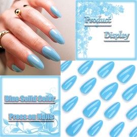 24Pcs Blue Short Medium Almond Press on Nails with Solid Color Design, Glossy Blue False Nails Gel Glue on Nails, Solid Color Manicure Art Acrylic Fake Nails Stick on Nails for Coquette Women Girls