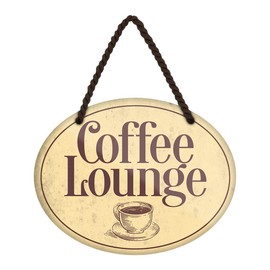 Coffee Lounge Hanging Sign - Decorative Coffee Sign - Retro Tin Sign with Cord and Suction Cup - Decoration for Kitchen Cafe Bistro Coffee Shop Bakery - 18 cm x 12 cm