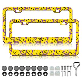 HCSS Funny Smile License Plate Frames - 2 Pack Yellow Smiley Face Aluminum Metal License Plate Holder,Rust-Proof Waterproof Car Decorative Tag Frames for Standard US 12x6 Inch