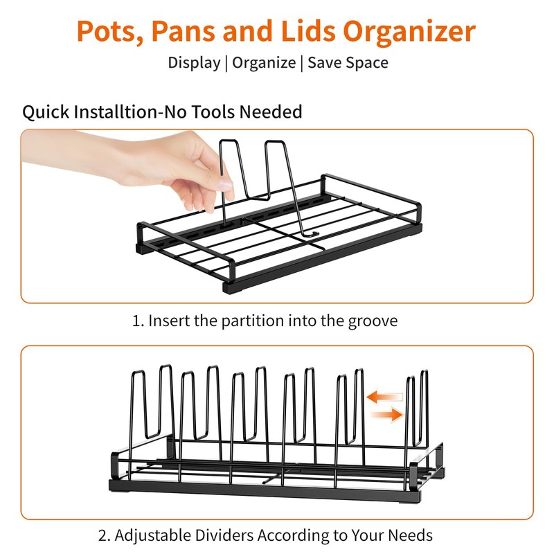 Food Container Lid Organizer for Cabinet, 6 Adjustable Dividers Metal