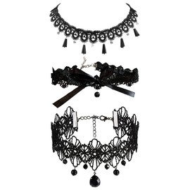 JewelryWe Jewellery 3 Piece Choker Collar Necklace Set Black Stretch Velvet Classic Gothic Tassels Tattoo Lace Choker Necklaces Chains for Women Girls, Resin Lace resin