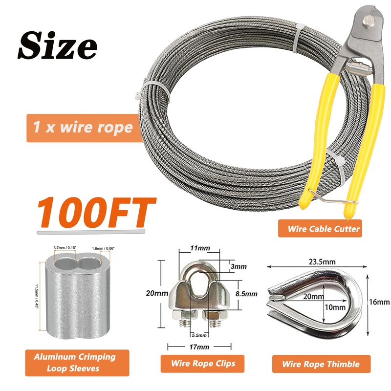 1/8 Inch Stainless Steel Wire Rope Kit, 7x7 Strands, 100