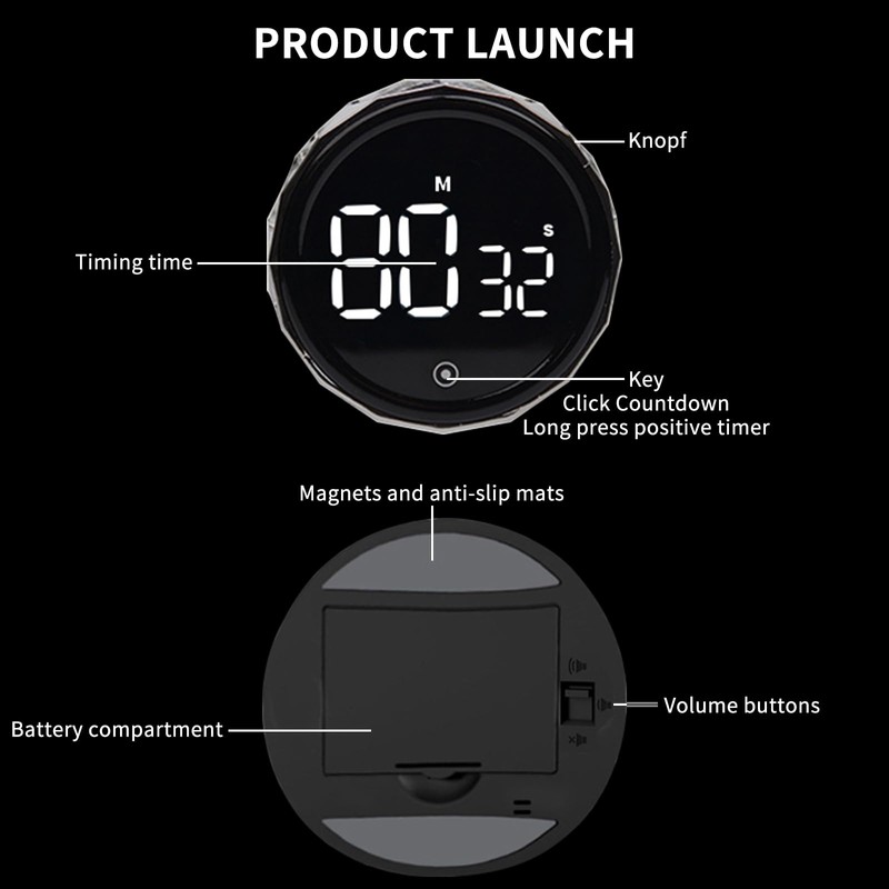 PZCC Kitchen Timer, Large LED Display, Magnetic, Digital Countdown &