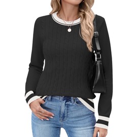 Rapbin Womens Fall Fashion 2025 Cable Knit Long Sleeve Pullover Lightweight Soft Ladies Business Casual Trendy Outfits,Black Stripe S