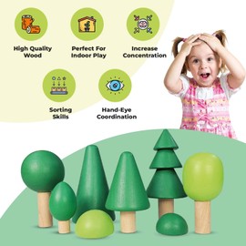 TEKOR 8Pcs Wooden Tree Toy Set | Montessori Natural Wood Mini Trees for Craft | Play Sets | Fairy Gardens | Decoration | Varying Green Colors Creative Education Toys