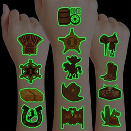 96PCS First Rodeo Pre-cut Temporary Tattoos 8 Sheets Cowboy 1st Party Decorations Favors Supplies Western Theme Birthday Cute Stickers Christmas Gifts Boys Girls Class School Prizes (Luminous)