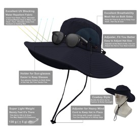 ehsbuy Mesh Sun Hat Men's Wide Brim Boonie Hat Outdoor Safari Fishing Hat Summer Hat Waterproof Rain Hat Foldable Hiking Hat Tropical Hat with Adjustable Chin Strap Hiking Hunting Hat, navy